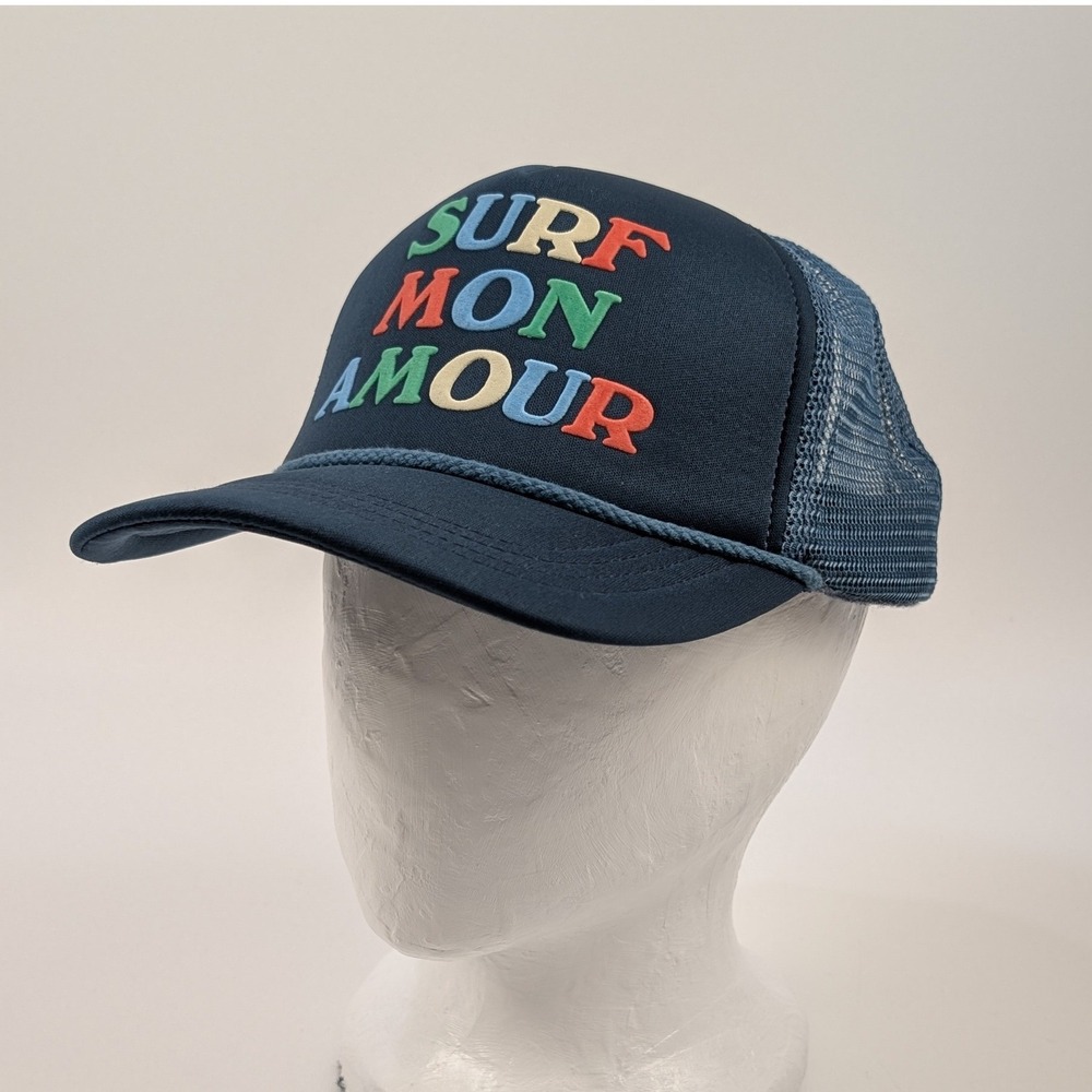Anthropologie Trucker Hat Unisex OSFA Surf Mon Amour Navy Blue Graphic EUC